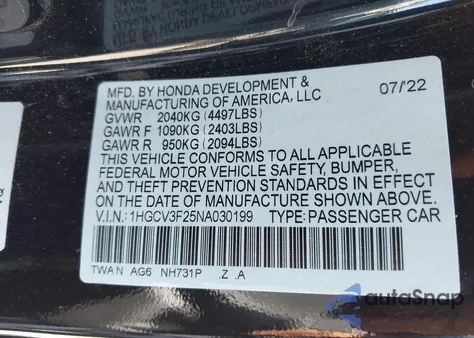 2022 Honda Accord Hybrid Sport из США, поврежденный, VIN 1HGCV3F25NA030199